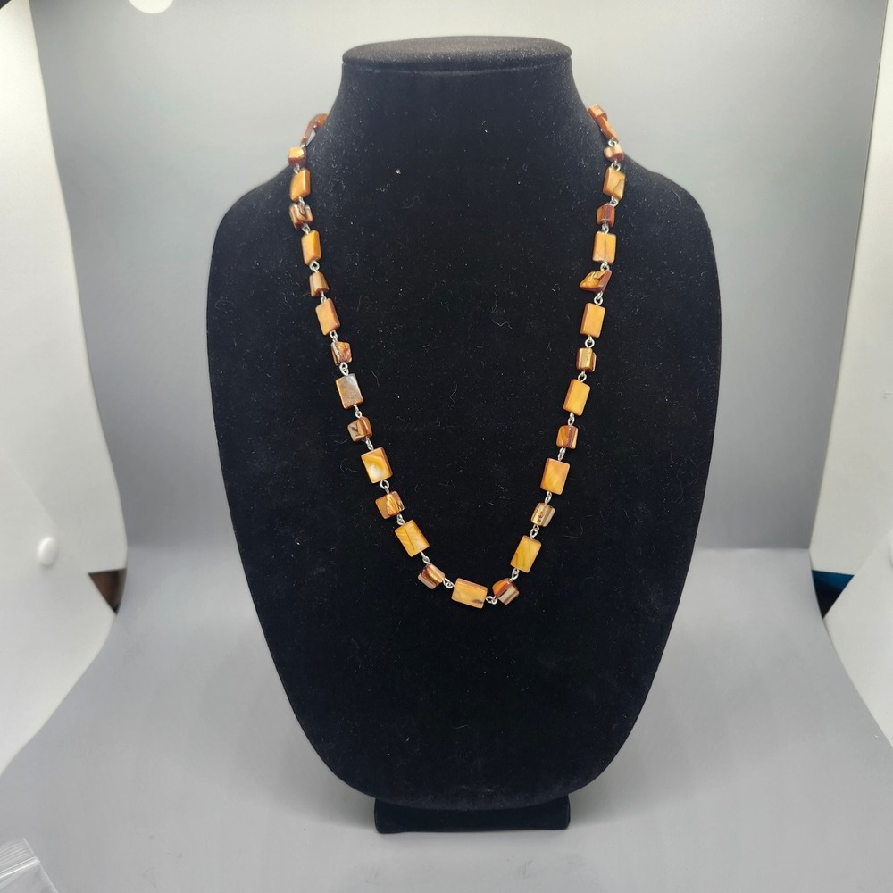 Iridescent Shell Beaded Necklace 18" Rectangle Flat Beads Silver Tone